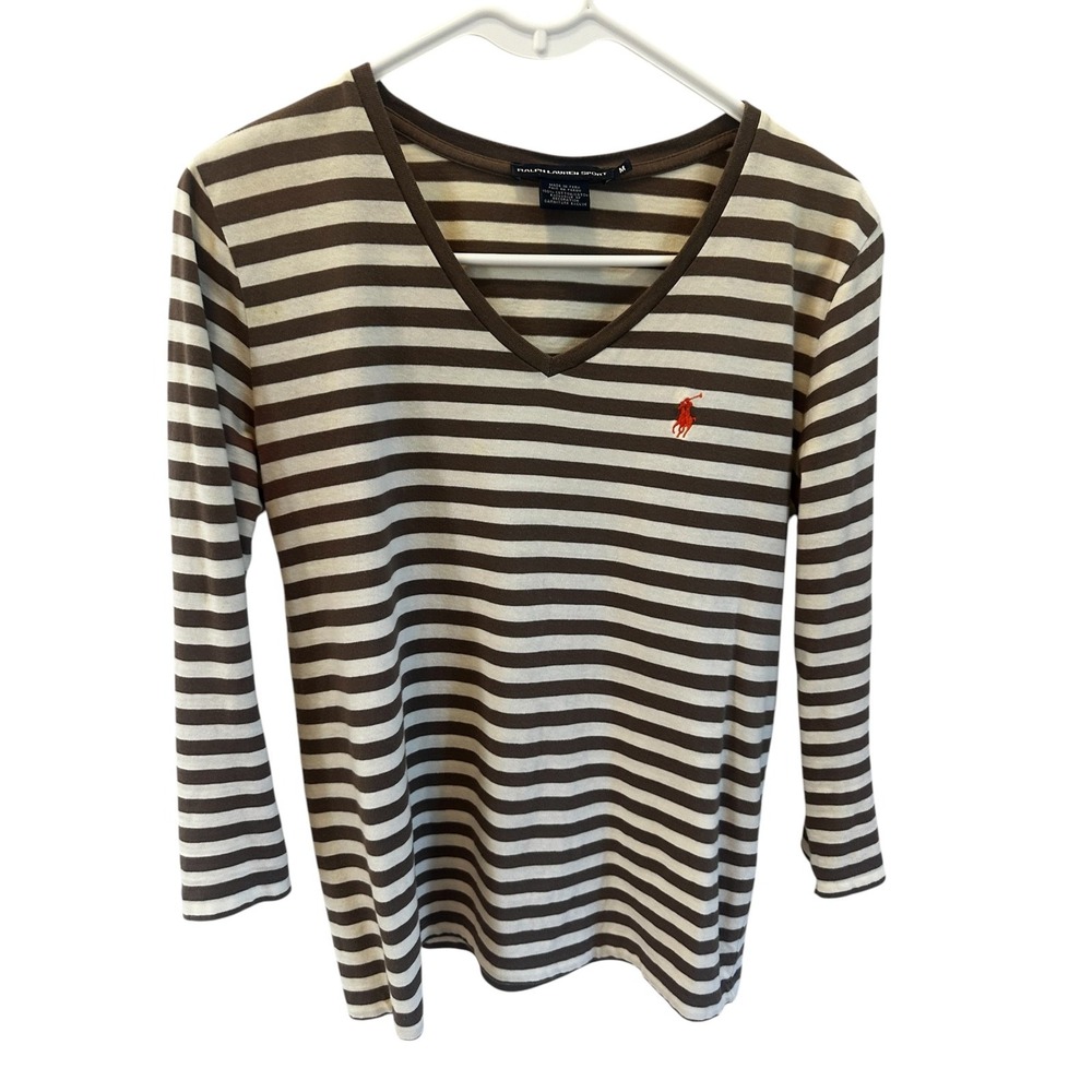 Sport Ralph Lauren Women's  Striped V-Neck 3/4 Sleeve Top Shirt Pony - M